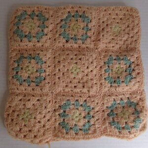 Vintage Handmade Granny Square Yarn Pillow Cover Pink Blue 10.5 x 10.5''